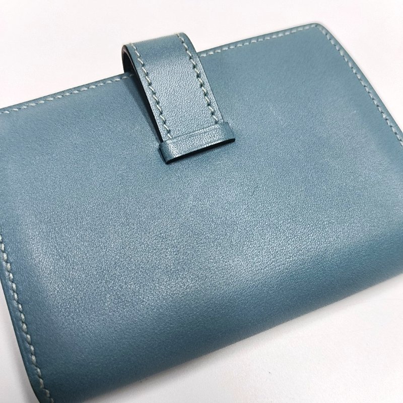 HERMES Bearn牛仔藍牛皮卡包銀色五金M刻-9