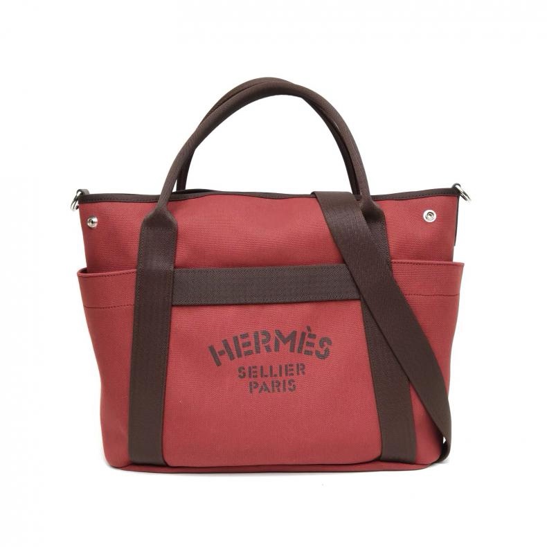 HERMES 愛馬仕紅巧克力色帆布B刻銀扣groombag馬術包旅行包-0