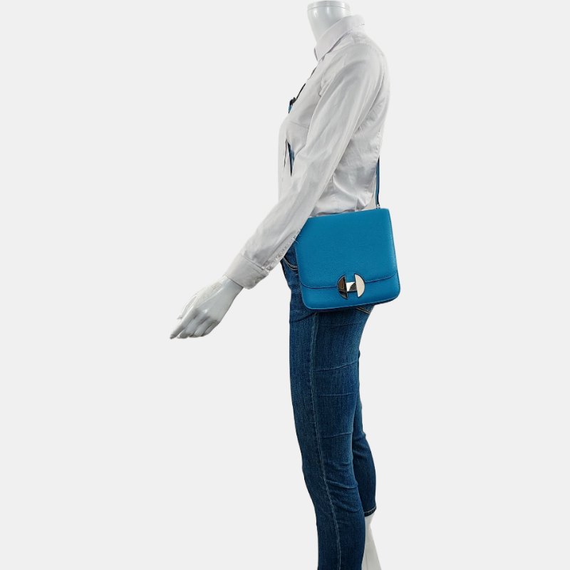 HERMES 2002 20北方藍Evercolor牛皮單肩包斜挎包銀色五金 D刻 9.8新-1