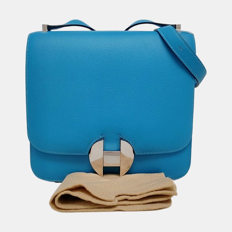 HERMES 2002 20北方藍Evercolor牛皮單肩包斜挎包銀色五金 D刻 9.8新-7