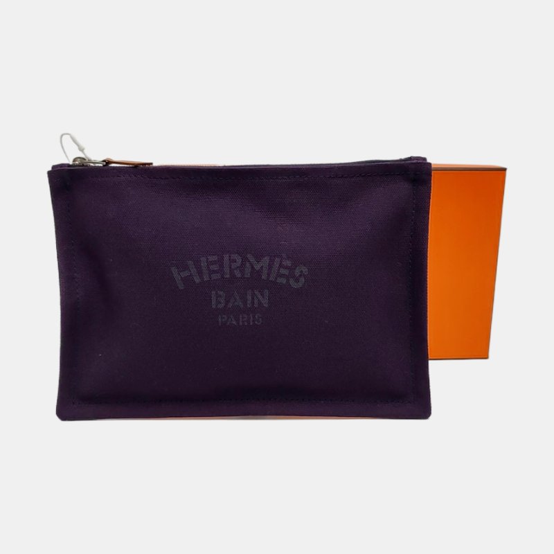 HERMES Yachting22葡萄紫帆布手拿包銀色五金-7