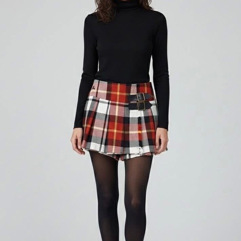 BURBERRY 藍標 皮革扣格紋戰馬褲裙