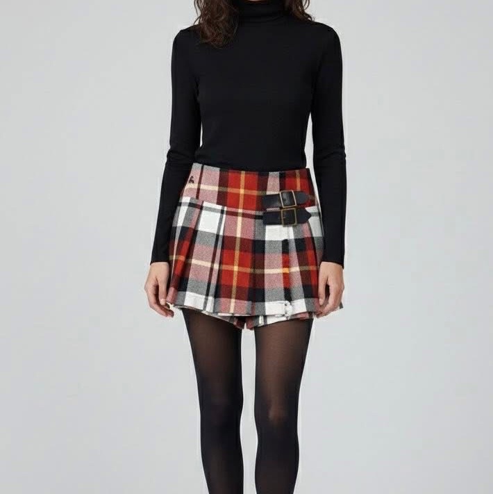 BURBERRY 藍標 皮革扣格紋戰馬褲裙-0
