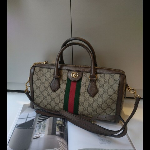 Gucci 咖皮邊綠紅綠GG 印花pvc兩用波士頓包