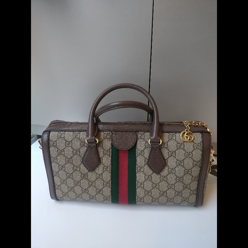 Gucci 咖皮邊綠紅綠GG 印花pvc兩用波士頓包-3