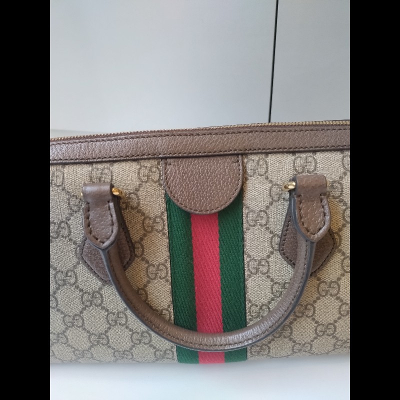 Gucci 咖皮邊綠紅綠GG 印花pvc兩用波士頓包-6