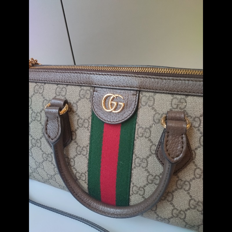 Gucci 咖皮邊綠紅綠GG 印花pvc兩用波士頓包-7