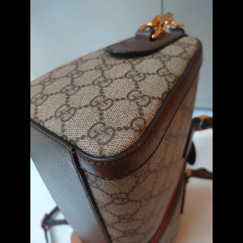 Gucci 咖皮邊綠紅綠GG 印花pvc兩用波士頓包-10