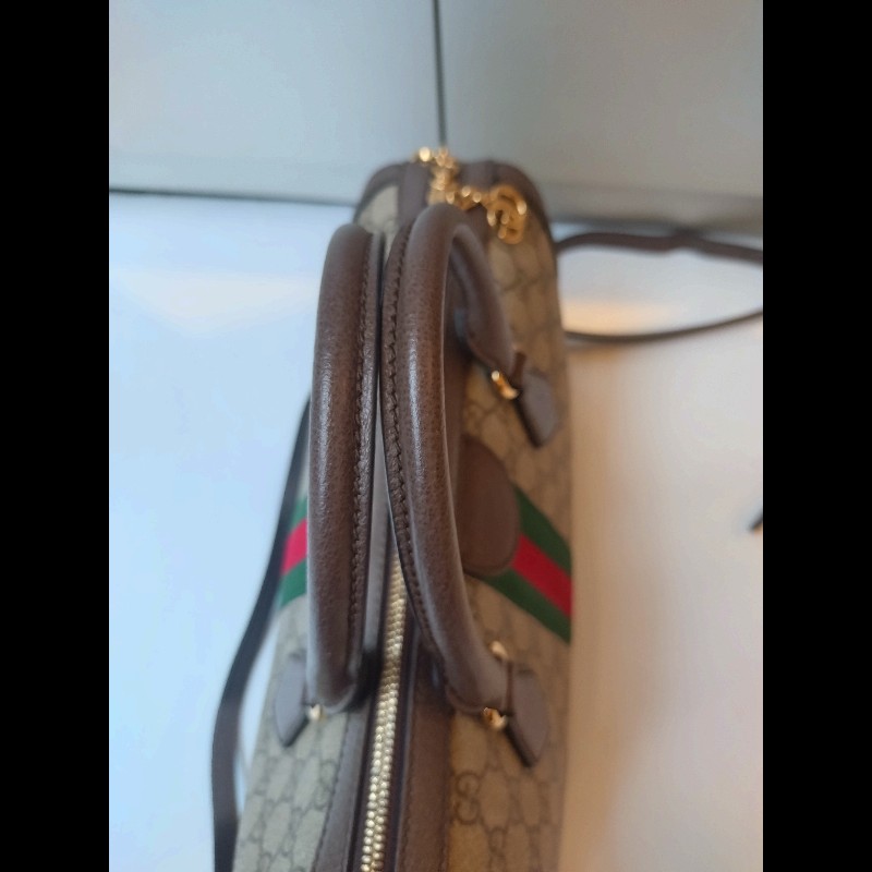 Gucci 咖皮邊綠紅綠GG 印花pvc兩用波士頓包-30