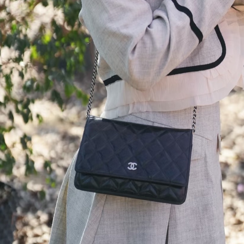 經典入門款✨超低價99新😍Chanel黑銀荔枝牛皮WOC鏈條包單肩斜挎包⛓️-0