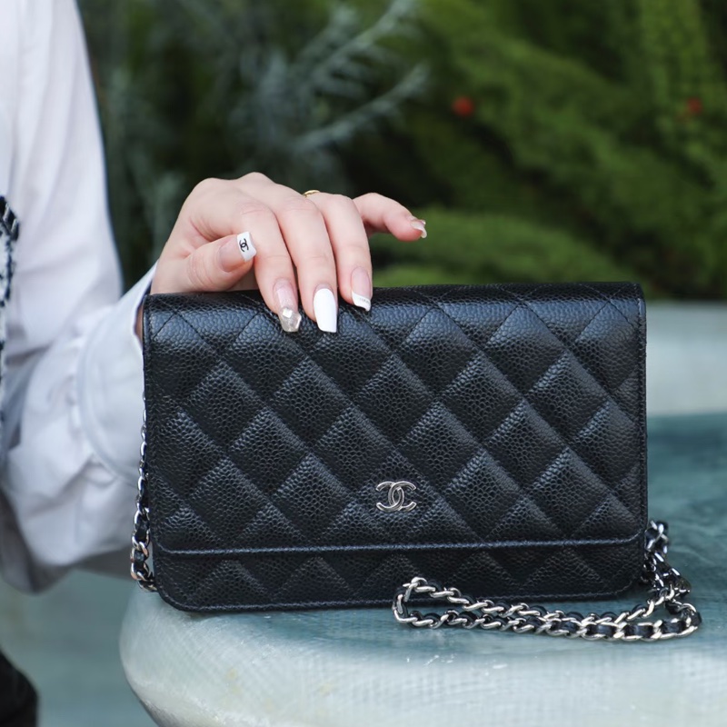 經典入門款✨超低價99新😍Chanel黑銀荔枝牛皮WOC鏈條包單肩斜挎包⛓️-4