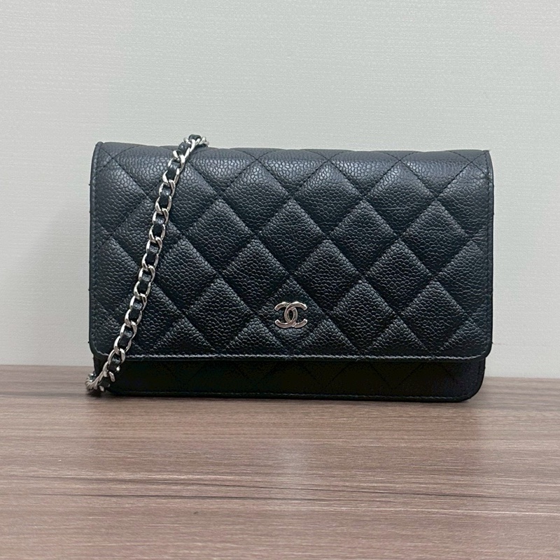 經典入門款✨超低價99新😍Chanel黑銀荔枝牛皮WOC鏈條包單肩斜挎包⛓️-5