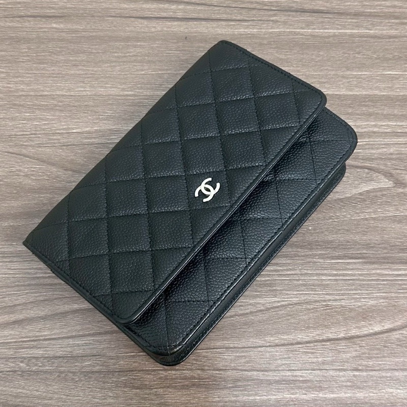 經典入門款✨超低價99新😍Chanel黑銀荔枝牛皮WOC鏈條包單肩斜挎包⛓️-7