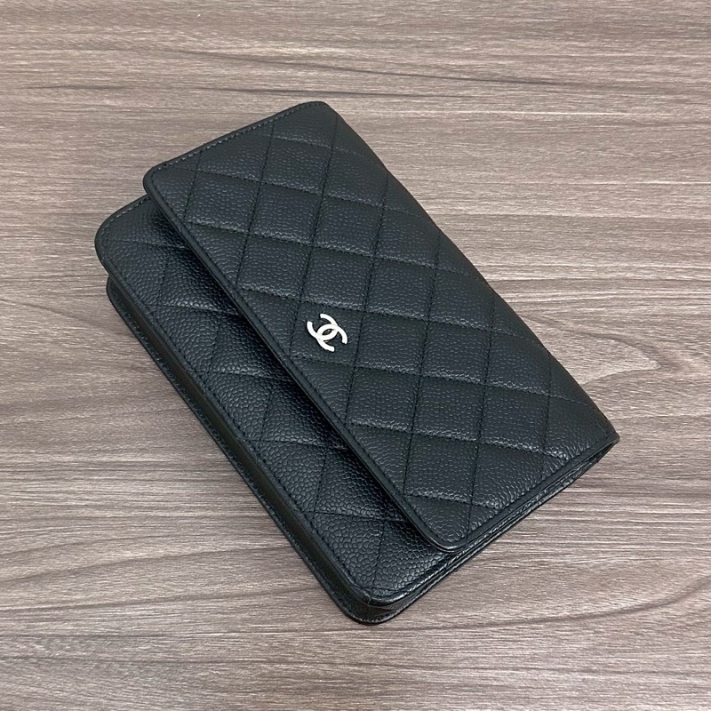 經典入門款✨超低價99新😍Chanel黑銀荔枝牛皮WOC鏈條包單肩斜挎包⛓️-9