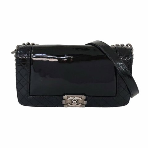 CHANEL BOY CHANEL中號黑色牛漆皮菱格紋絎縫單肩包斜挎包釘色五金18開可拆卸肩帶