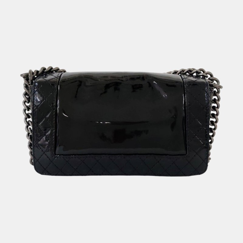 CHANEL BOY CHANEL中號黑色牛漆皮菱格紋絎縫單肩包斜挎包釘色五金18開可拆卸肩帶-4