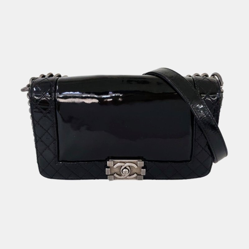 CHANEL BOY CHANEL中號黑色牛漆皮菱格紋絎縫單肩包斜挎包釘色五金18開可拆卸肩帶-7