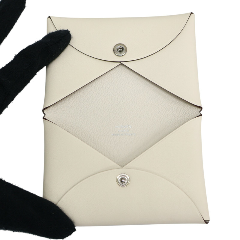 白色 Swift 牛皮 Calvi Duo 扣式 零錢包 B刻【HERMES 愛馬仕】-4