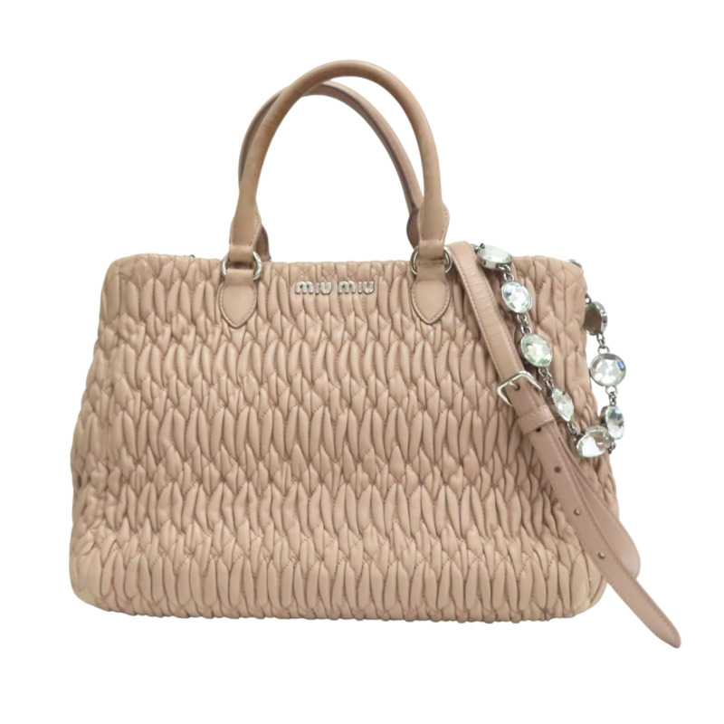 藕粉色 抓皺 NAPPA皮革 Matelasse 肩背包【MIU MIU 繆繆】 5BA958-0