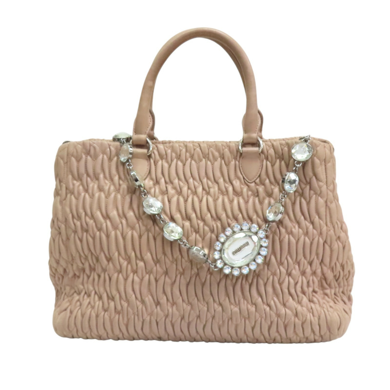 藕粉色 抓皺 NAPPA皮革 Matelasse 肩背包【MIU MIU 繆繆】 5BA958-1