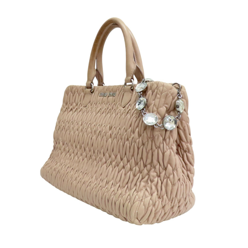 藕粉色 抓皺 NAPPA皮革 Matelasse 肩背包【MIU MIU 繆繆】 5BA958-2