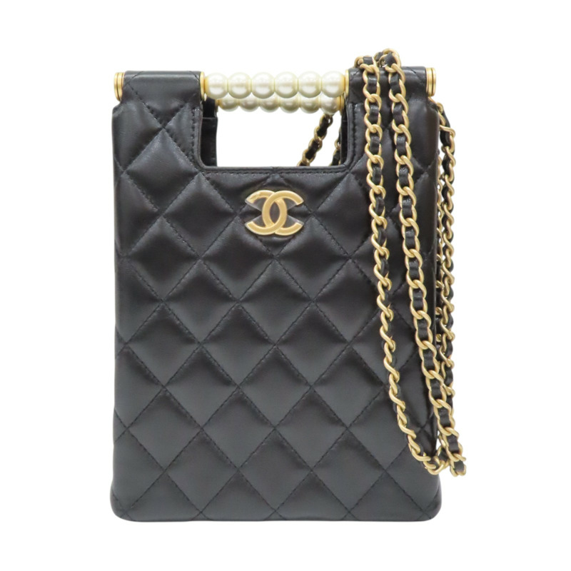 黑色羊皮 珍珠手把 鍊帶 肩背包【CHANEL 香奈兒】 AP4520-0