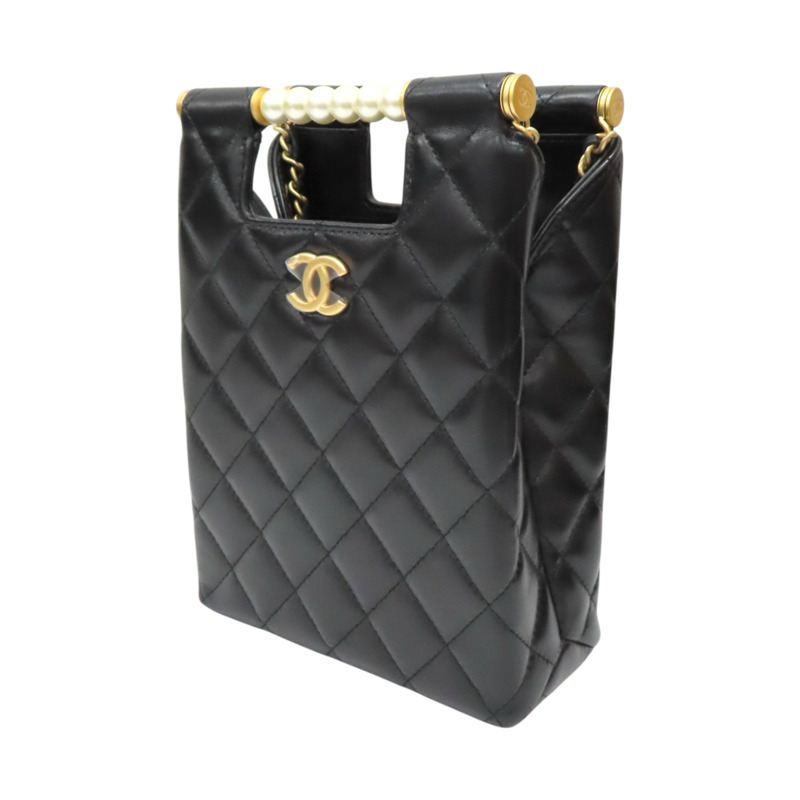 黑色羊皮 珍珠手把 鍊帶 肩背包【CHANEL 香奈兒】 AP4520-2