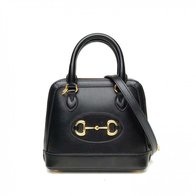 GUCCI Horsebit20黑色牛皮金扣肩背包-0