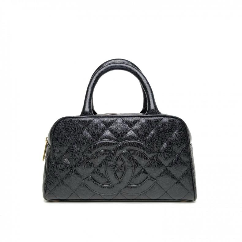 CHANEL 中古保齡球手提包黑色荔枝牛皮8開金扣Jennie同款-0