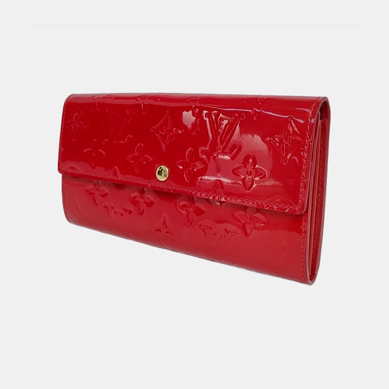 LOUIS VUITTON PORTE MONNAIE 西瓜紅漆皮老花壓紋錢包金色五金-2