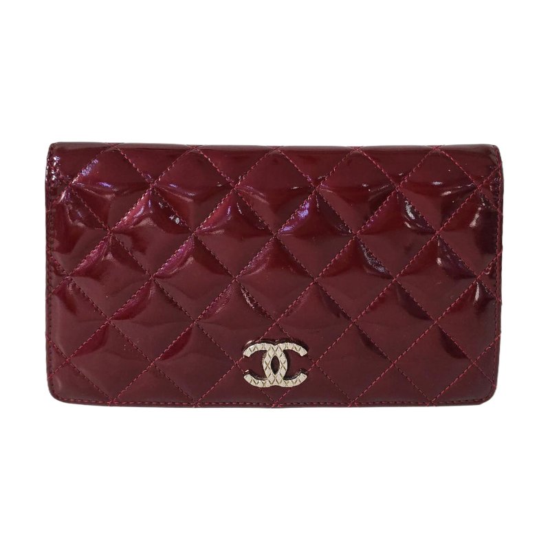 CHANEL酒紅色牛皮菱格紋錢包銀色五金15開-0