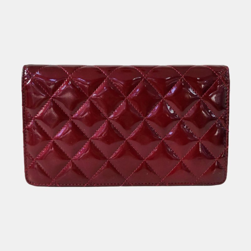 CHANEL酒紅色牛皮菱格紋錢包銀色五金15開-4