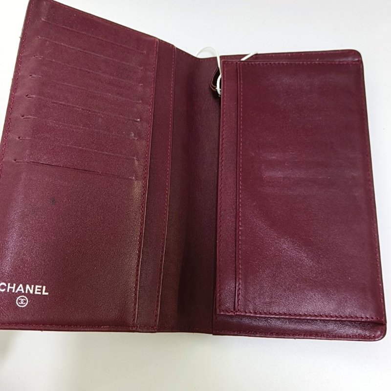 CHANEL酒紅色牛皮菱格紋錢包銀色五金15開-6