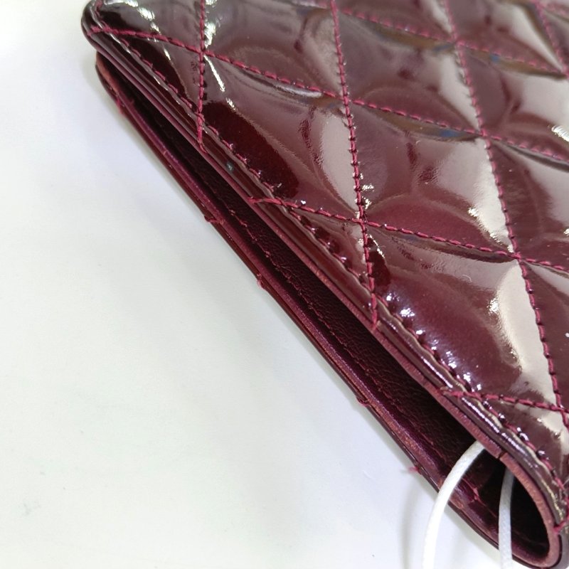 CHANEL酒紅色牛皮菱格紋錢包銀色五金15開-8