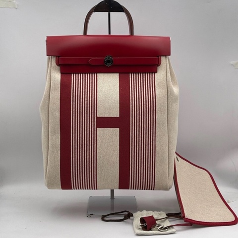 Hermes愛馬仕Herbag雙肩包, Z刻,紅色拼米色,帆布拼皮,尺寸29*36*11
