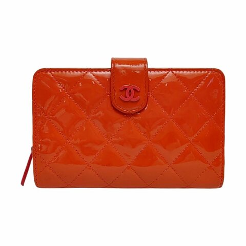 CHANEL橘紅色漆皮菱格紋錢包銀色五金16開