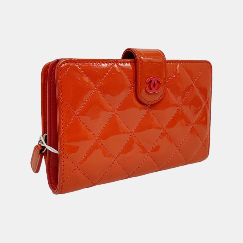 CHANEL橘紅色漆皮菱格紋錢包銀色五金16開-3