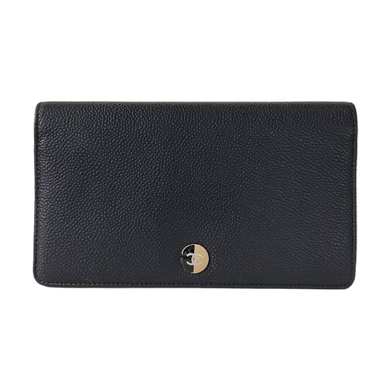 CHANEL CIRCLED CC黑色荔枝紋牛皮鑲嵌錢包銀色黑色五金17開9.8新-0