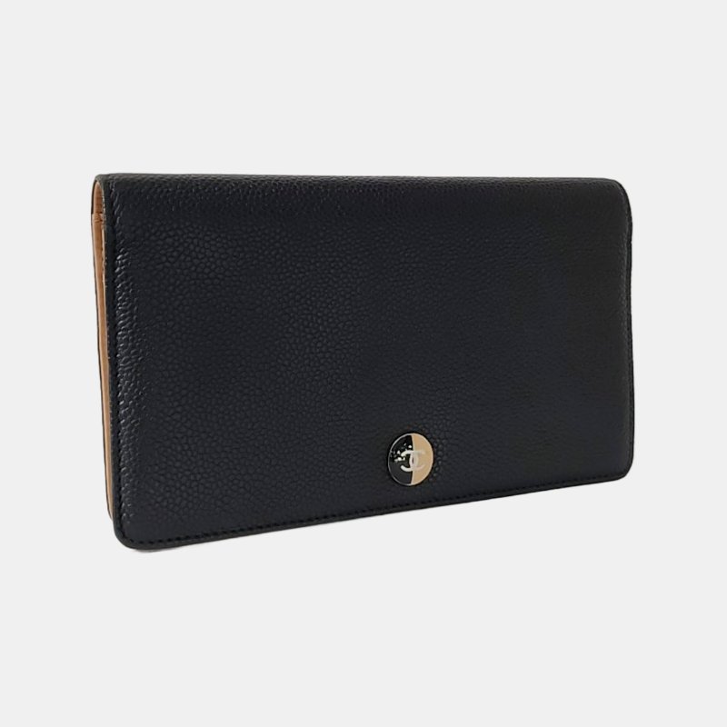 CHANEL CIRCLED CC黑色荔枝紋牛皮鑲嵌錢包銀色黑色五金17開9.8新-3