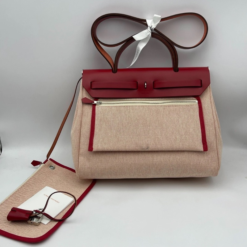 Hermes 愛馬仕 Herbag31 紅色飛馬帆布配馬鞍皮飛馬圖案限量款單肩包 z刻-1