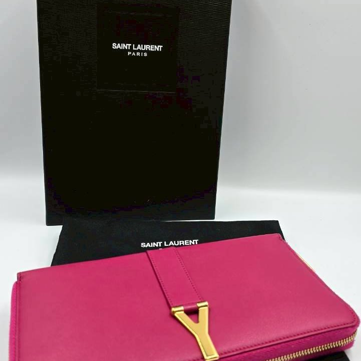 【舊愛新歡】YSL桃紅色Y字拉鍊大長夾- A261389-0