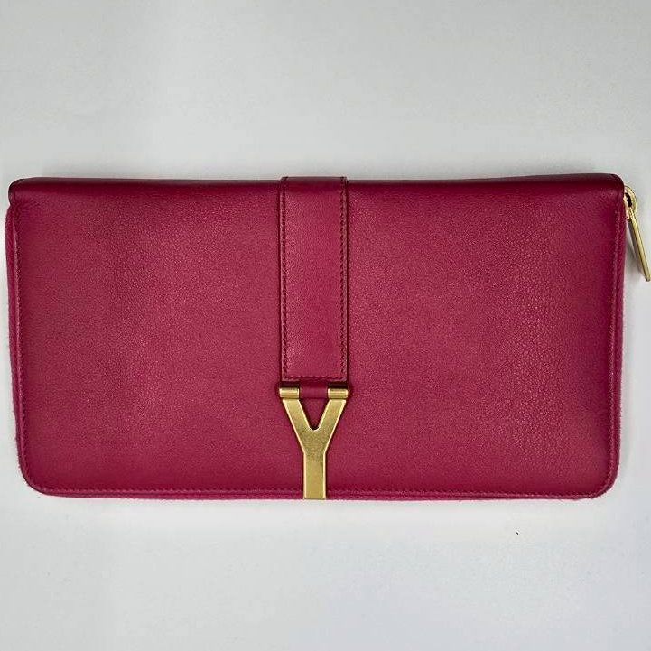 【舊愛新歡】YSL桃紅色Y字拉鍊大長夾- A261389-1