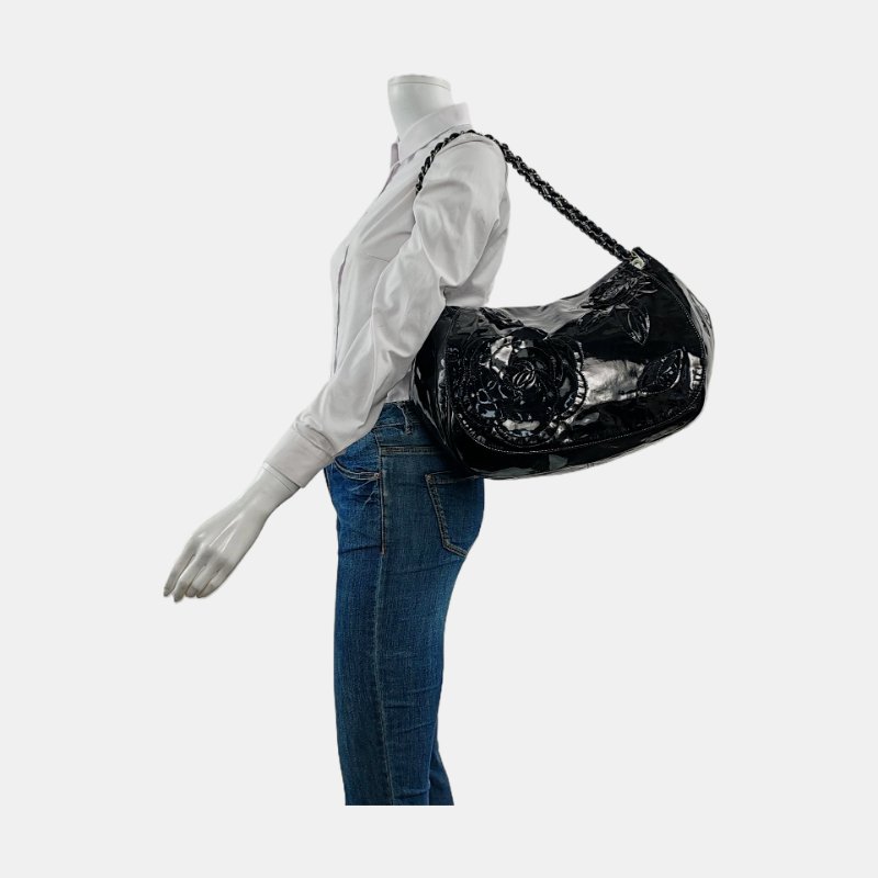 CHANEL黑色牛皮浮雕單肩包手提包銀色五金14開-1