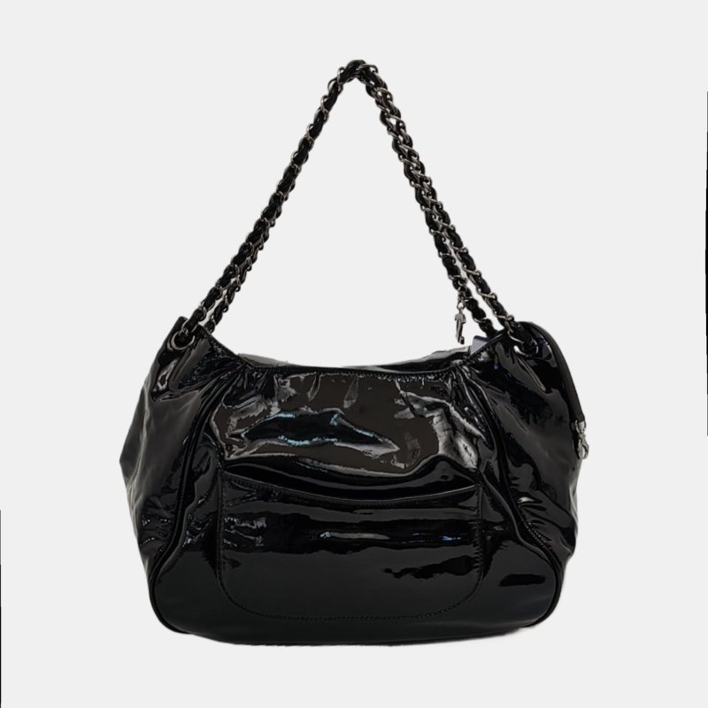 CHANEL黑色牛皮浮雕單肩包手提包銀色五金14開-4