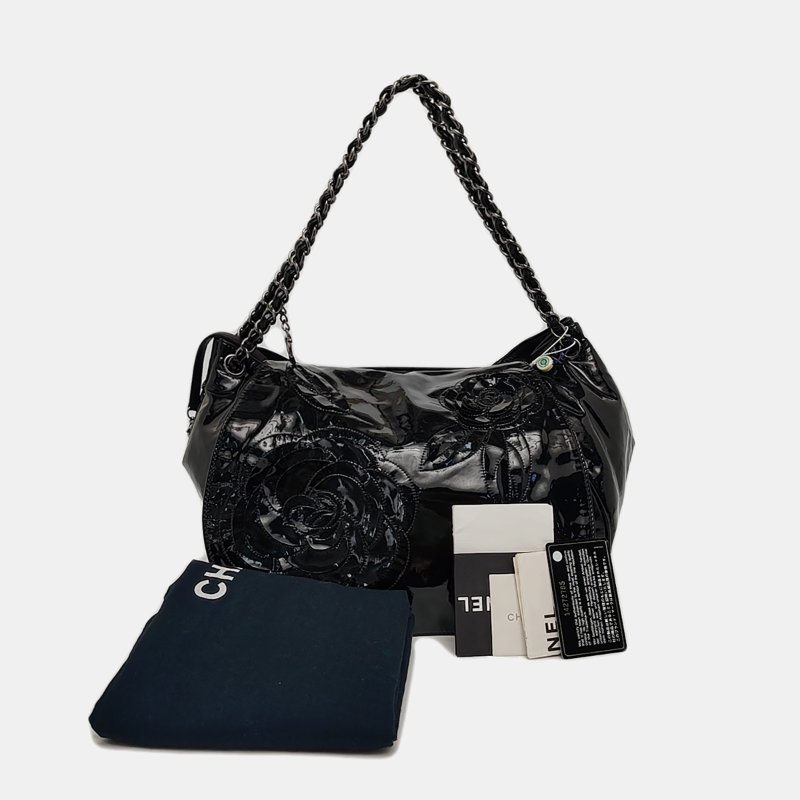 CHANEL黑色牛皮浮雕單肩包手提包銀色五金14開-7