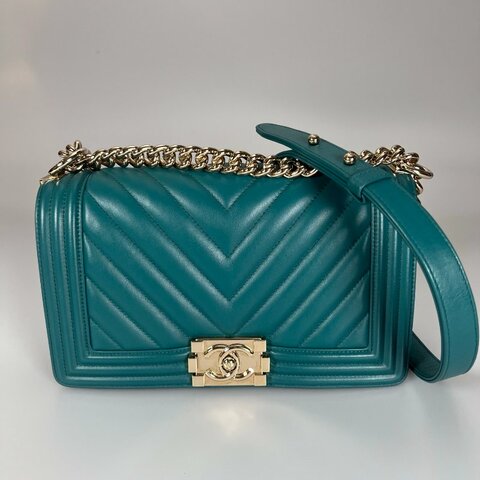 CHANEL BOY25山型紋側肩包 綠牛皮 A67086/27開