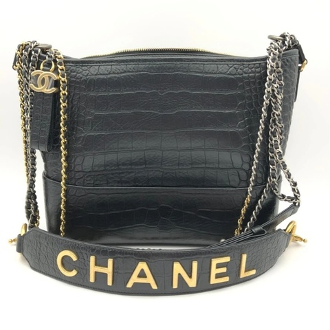 擱置品Chanel香奈兒流浪包中號鱷魚皮壓紋黑色鏈條包