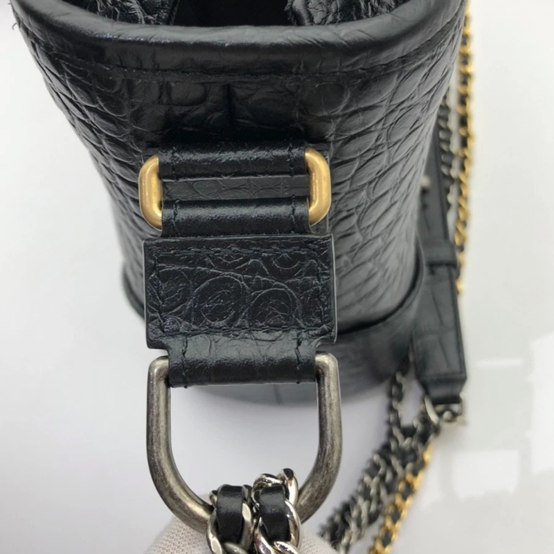 擱置品Chanel香奈兒流浪包中號鱷魚皮壓紋黑色鏈條包-5