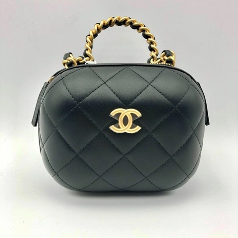 22p CHANEL/香奈兒黑色羊皮鏈條化妝包 膠囊包單肩斜跨，芯片款