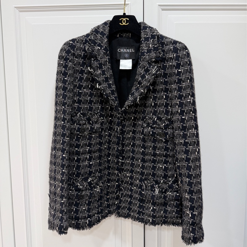 CHANEL 香奈兒 毛呢 黑灰 西外 西裝外套 短大衣 大衣 外套 夾克-3